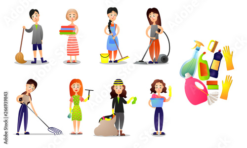 Set of different people make cleaning using house tools