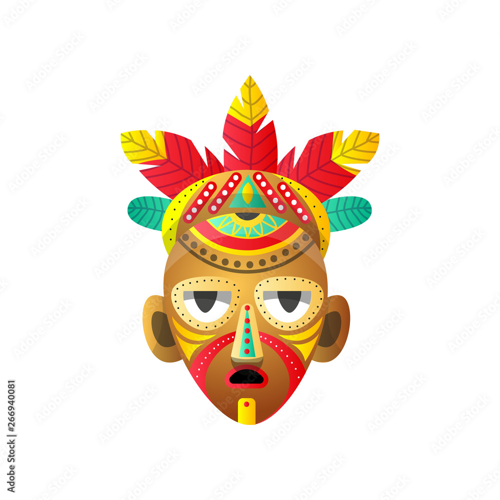 Totem african ritual mask with red feather and dots element Totem african ritual mask with red feather and dots element