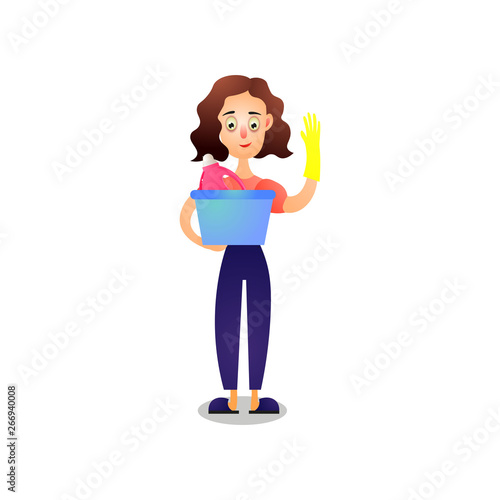 Girl ready for home cleaning with rubber glove and cleaner