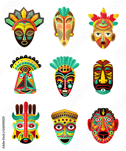 Set of colorful ethnic, african, mexican mask, ritual element