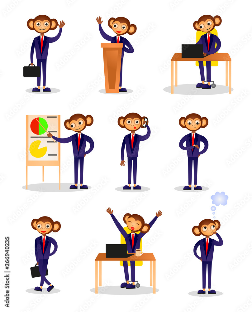 Set of monkey businessman in different daily office situation