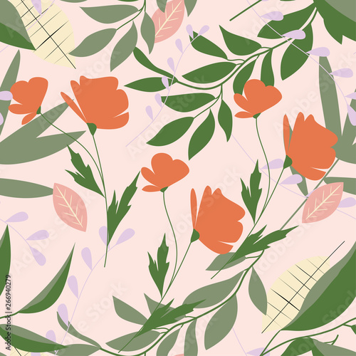 Summer seamless pattern with bright colors and tropical leaves. Vector design. Flat jungle print. Floral background.