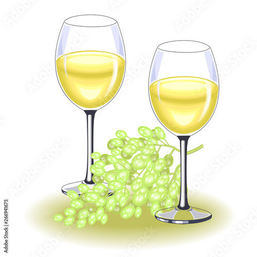 Two beautiful crystal glasses with delicious white wine. A ripe bunch of grapes. Decoration of the festive table. Vector illustration