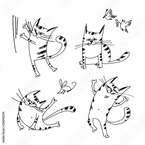 Naughty kittens sketch vector illustrations set