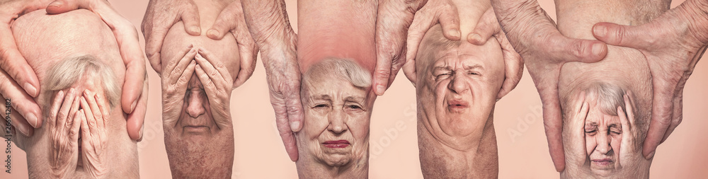Senior men holding the knee with pain. Collage. Concept of abstract pain and despair. Senior men holding the knee with pain. Collage. Concept of abstract pain and despair.