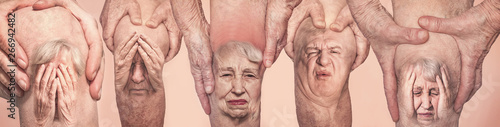 Senior men holding the knee with pain. Collage. Concept of abstract pain and despair. photo
