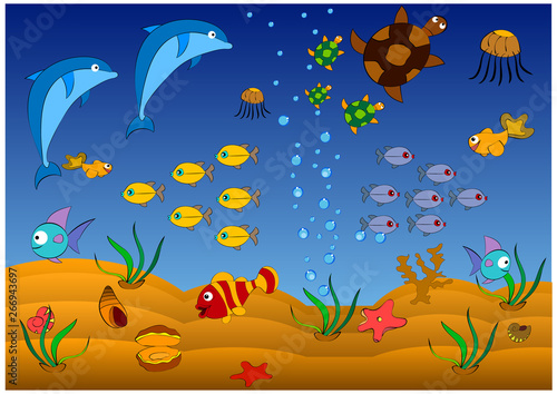Sea fishes, turtles and shells in the sea are cheerful inhabitants of the tender sea