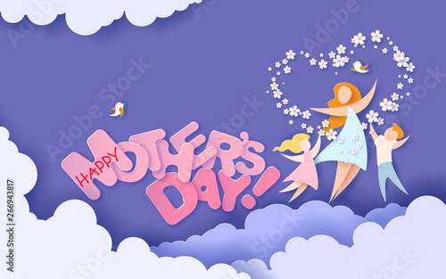 Happy mothers day card. Paper cut style.