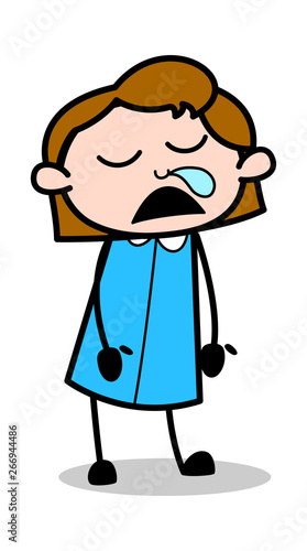 Sleeping and Running Nose - Retro Office Girl Employee Cartoon Vector Illustration﻿