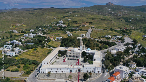 Aerial drone panoramic photo of iconic orthodox church of Lady of Tinos island or Church of Panagia Megalochari (Virgin Mary), Cyclades, Greece photo