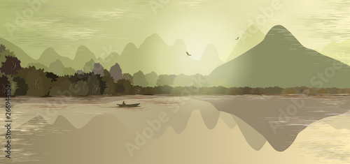 Mountain landscape in green and beige tones. Mountains, hills, forest, mountain lake or river, a lonely man in a boat fishes. Two birds fly over the mountains. Foggy morning. Outdoor recreation. 
