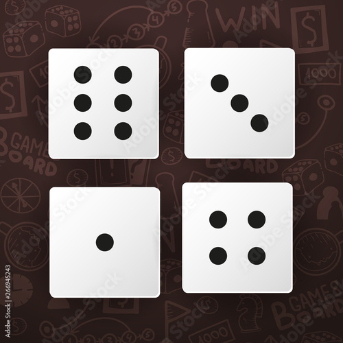 White Dices on the hand draw doodle background. Vector illustration.