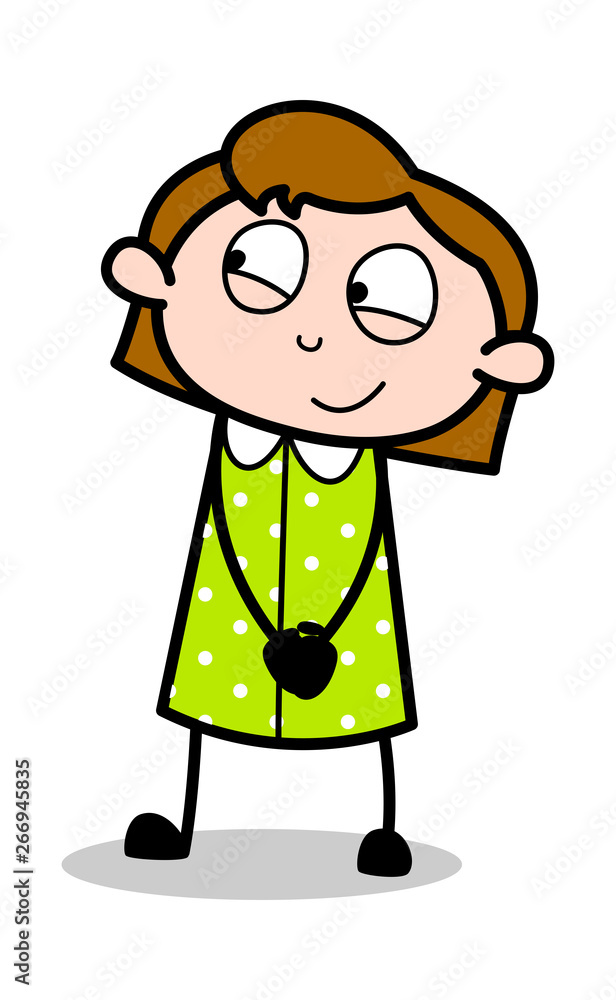 Slightly Smiling and Watching - Retro Office Girl Employee Cartoon Vector Illustration﻿
