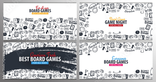 Set of Board Games banners. For all Ages. Hand draw doodle background. Vector illustration.