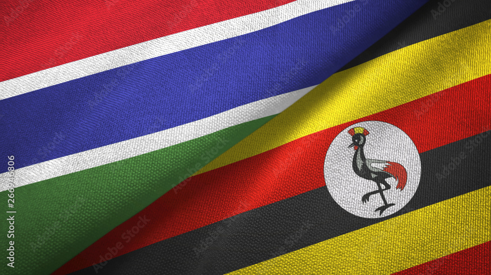 Fototapeta premium Gambia and Uganda two flags textile cloth, fabric texture