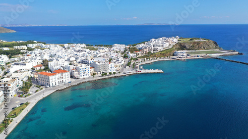 Fototapeta Naklejka Na Ścianę i Meble -  Aerial drone photo of iconic main town and port of Tinos island featuring monastery of Panagia Megalochari (Virgin Mary), Cyclades, Greece