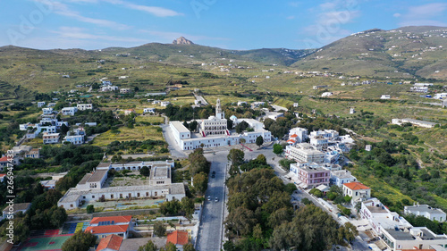 Aerial drone panoramic photo of iconic orthodox church of Lady of Tinos island or Church of Panagia Megalochari (Virgin Mary), Cyclades, Greece