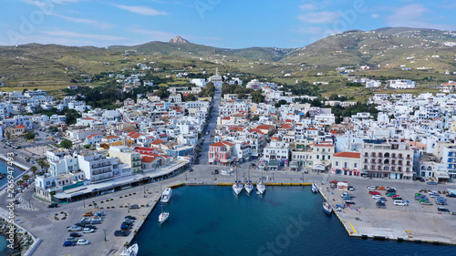 Fototapeta Naklejka Na Ścianę i Meble -  Aerial drone photo of iconic main town and port of Tinos island featuring monastery of Panagia Megalochari (Virgin Mary), Cyclades, Greece