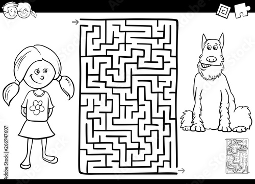 maze color book with girl nad her dog
