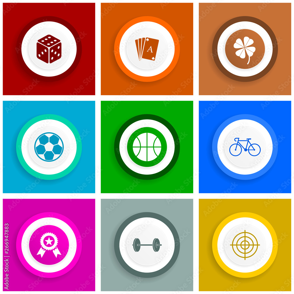 Flat design icon set, internet vector illustrations, sport, gambling, dice, playing cards, bicycle and balls signs in eps 10 Flat design icon set, internet vector illustrations, sport, gambling, dice, playing cards, bicycle and balls signs in eps 10
