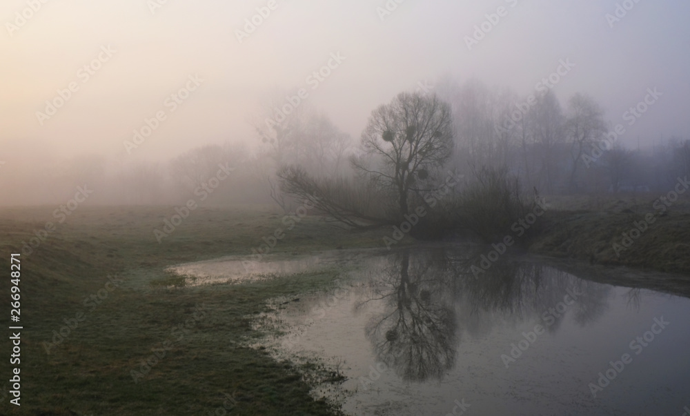 Misty morning on the river. Dawn Misty morning on the river. Dawn