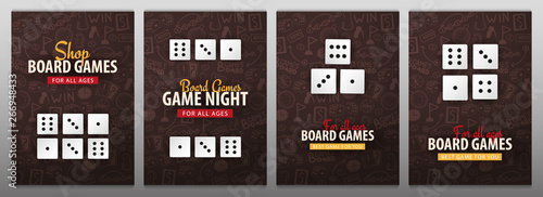 Set of Board Games banners with dices. Hand draw doodle background. Vector illustration.