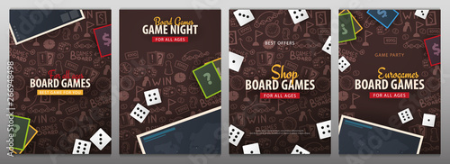 Set of Board Games banners with dice,  playing cards and map. Hand draw doodle background. Vector illustration.