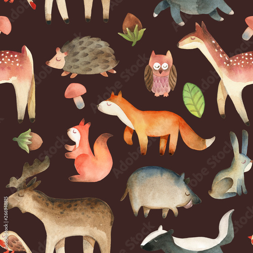 Seamless pattern with bird; elk; moose; owl; leaf; hazelnut; mushroom; squirrel, hedgehog, deer, fox, heart, rabbit, boar, badger