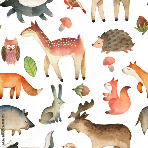 Seamless pattern with bird  elk  moose  owl  leaf  hazelnut  mushroom  squirrel  hedgehog  deer  fox  heart  rabbit  boar  badger