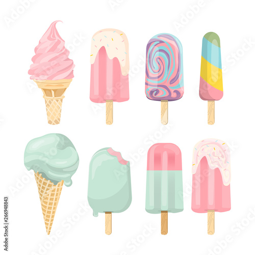 summer icons set, ice cream, drinks, palm leaves, fruits and flamingo.