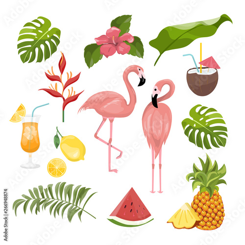 summer icons set, ice cream, drinks, palm leaves, fruits and flamingo.