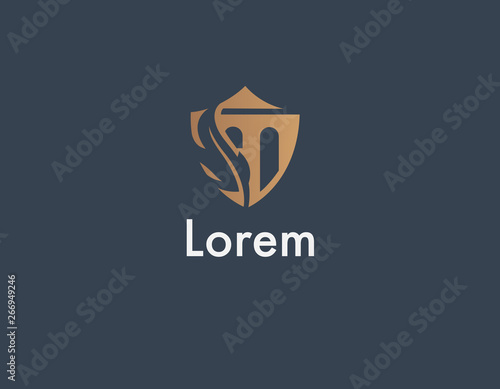 Creative logo shield icon with feather and building for lawyer