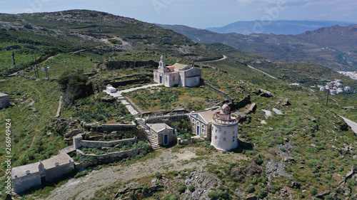 Aerial drone photo of iconic monastery of Panagia Katapoliani and picturesque windmills in road to Isternia village, Tinos island, Greece photo