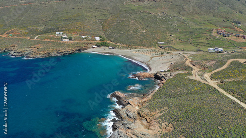 Aerial drone photo of famous beach of Kolympithres with deep turquoise sea, Tinos island, Cyclades, Greece