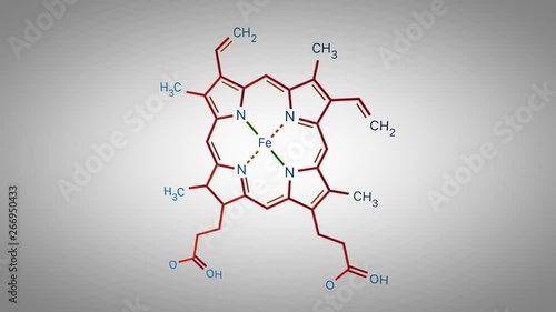 Structural chemical formula of Heme molecule animating in over white background