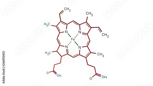 Structural chemical formula of Heme molecule animating in over white background