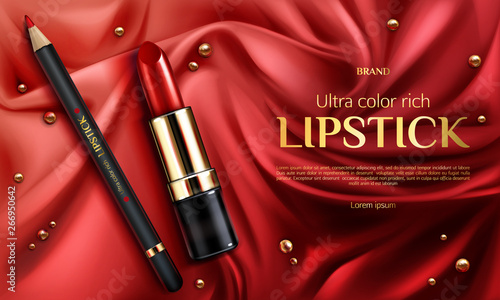 Lipstick cosmetics make up beauty product. Rouge and lip liner pencil on red silk draped fabric background with gold pearls. Luxury promo poster template for magazine, realistic 3d vector ad banner