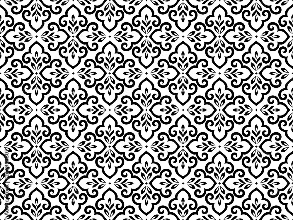 Flower geometric pattern. Seamless vector background. White and black ornament. Ornament for fabric, wallpaper, packaging, Decorative print
