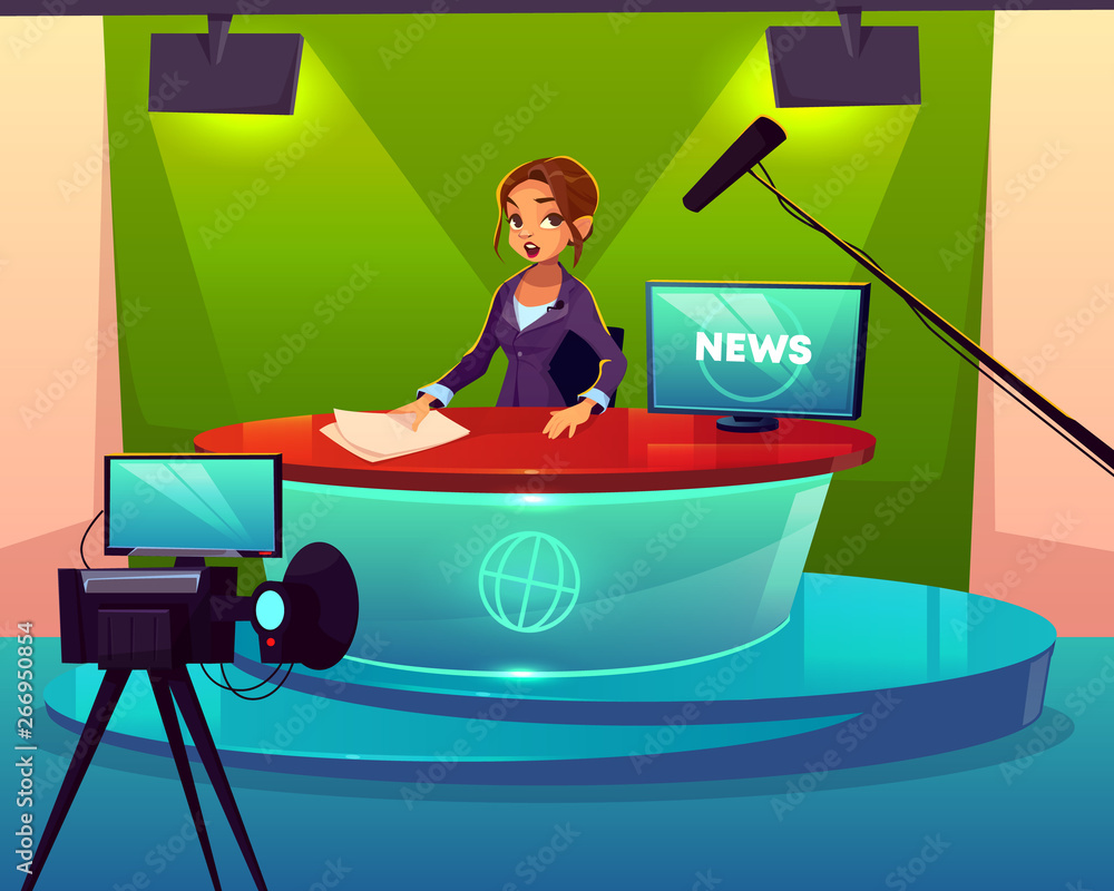 Anchorwoman in television chanel studio cartoon vector. Female presenter  sitting at desk during broadcast, presenting breaking news, leading live  show in front of camera with teleprompter illustration vector de Stock |  Adobe