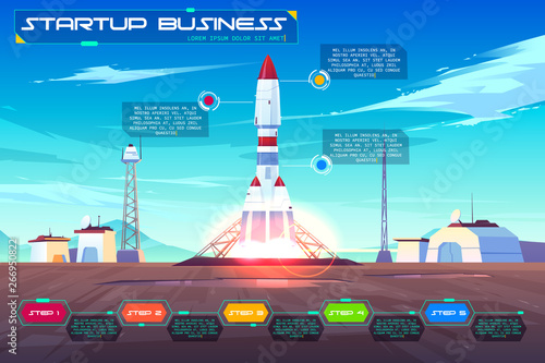 Launching business startup cartoon vector banner, poster. Starship, rocket taking-off from launch pad illustration. Business project planning, developing and progress stages on time line infographics