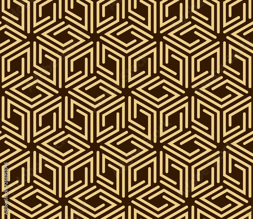 Abstract geometric pattern with stripes, lines. Seamless vector background. Gold and dark brown ornament. Simple lattice graphic design