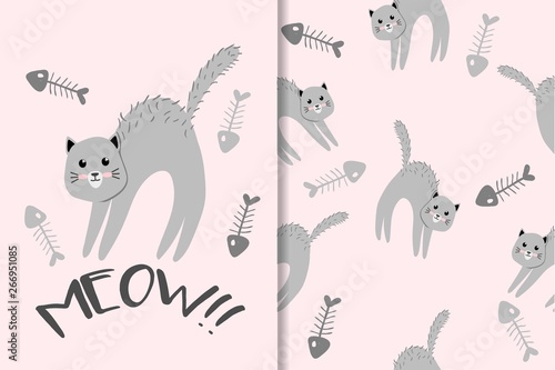 Cute Animal Hand Drawn Pattern Set cat