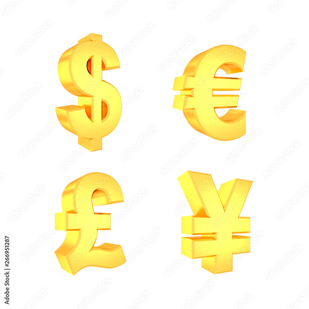 Currency symbols isolated on white. 3D redering. Currency symbols isolated on white. 3D redering.