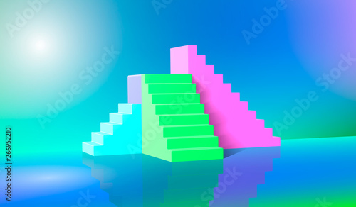 3d rendering  green blue pink stairs  steps  abstract background in arched pastel colors  fashion podium  minimalist scene  primitive architectural objects  designer element