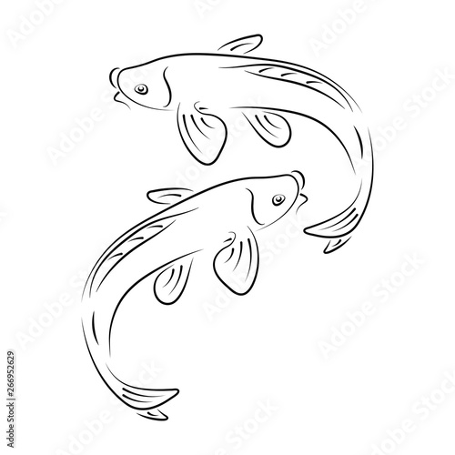 Japanese carp koi character abstract ink hand drawn vector logo cartoon. Retro illustration. Chinese traditional calligraphy curve paint brush sign. Doodle sketch. Element for design, fabric print.