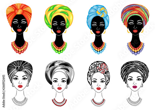 Collection. Silhouette of a head of a sweet lady. A bright shawl, a turban is tied on the head of an African-American girl. The woman is beautiful and stylish. Set of vector illustrations