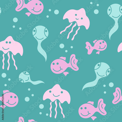 Cute fish and jellyfish and. Kids background. Seamless pattern. © Надежда Аксенова