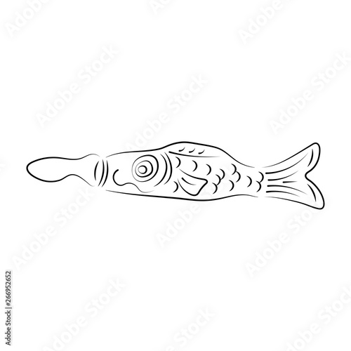 Japanese carp koi kite ceremony abstract ink hand drawn vector cartoon. Retro illustration. Chinese traditional calligraphy curve paint brush sign. Doodle sketch. Element for design, fabric print.