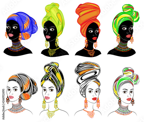 Collection. Silhouette of a head of a sweet lady. A bright shawl, a turban is tied on the head of an African-American girl. The woman is beautiful and stylish. Set of vector illustrations