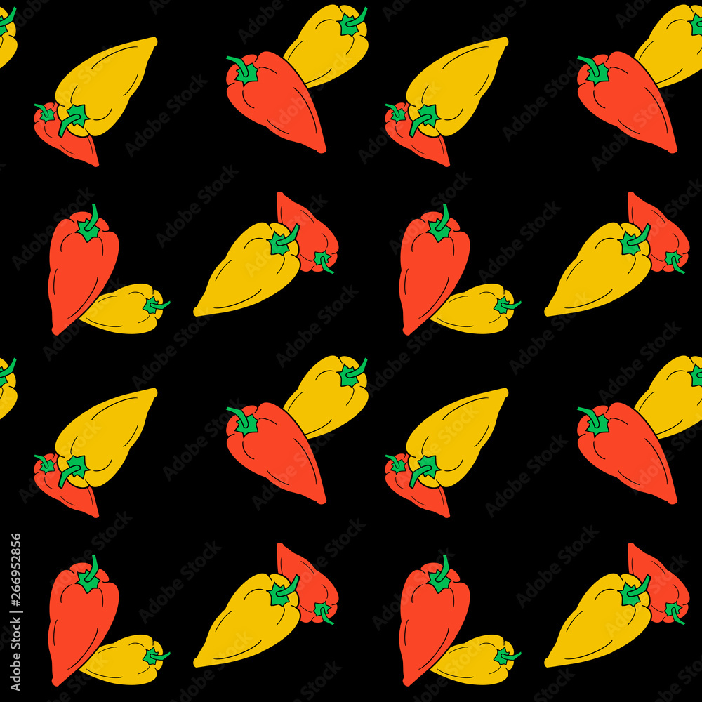 Fototapeta premium Hand drawn bell red and yellow peppers seamless pattern on black background. Vegetarian food concept